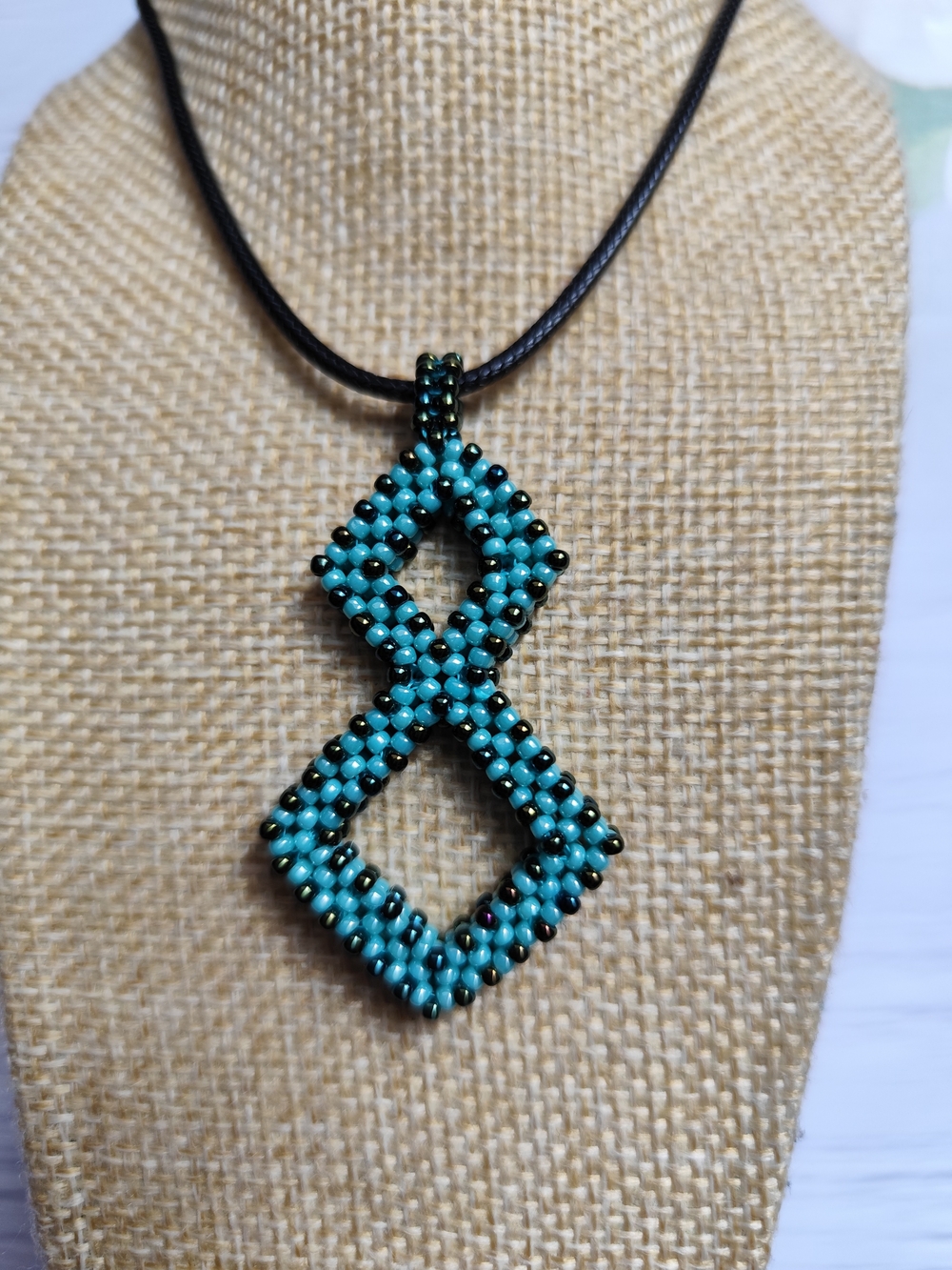 Turquoise and Black Beaded Double Diamond Pendant Necklace